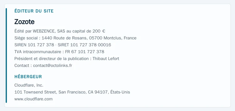 Coordonnées légales de l’éditeur et de l’hébergeur du site