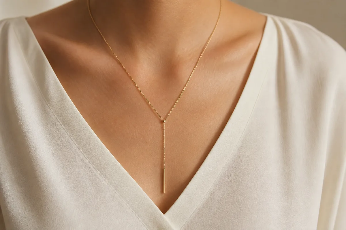 Pendentif fin en Y porté sur un décolleté en V, buste de femme sans visage